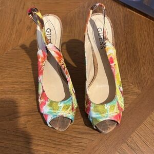 Guess Multicolor Floral Peep Toe Heels